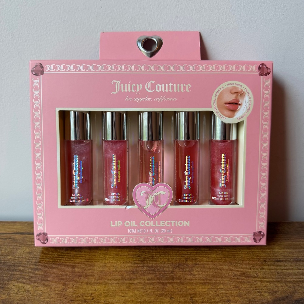 New Juicy Couture 5 Pck Lip Gloss Tinted Shimmer Oil Set Makeup Hydrating Pink